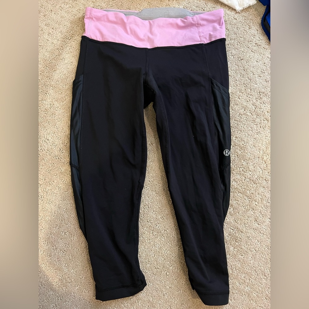 Black Lulu Cropped Leggings with Pink Waistband